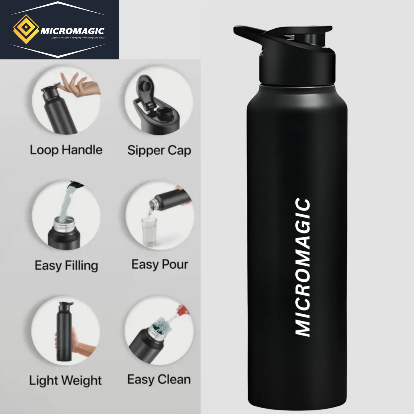 MicroMagic Stainless Steel 1 litre Water Bottle | Rust-Free, BPA-Free, Non-Toxic | Faster Cooling | Portable for Office, Gym, School & College – Black