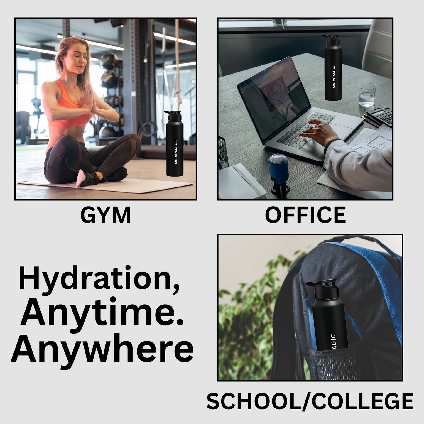 MicroMagic Stainless Steel 1 litre Water Bottle | Rust-Free, BPA-Free, Non-Toxic | Faster Cooling | Portable for Office, Gym, School & College – Black