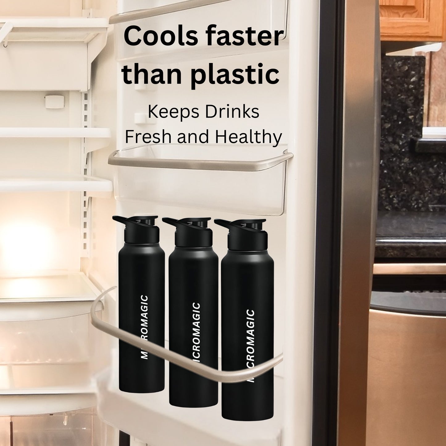 MicroMagic Stainless Steel 1 litre Water Bottle | Rust-Free, BPA-Free, Non-Toxic | Faster Cooling | Portable for Office, Gym, School & College – Black