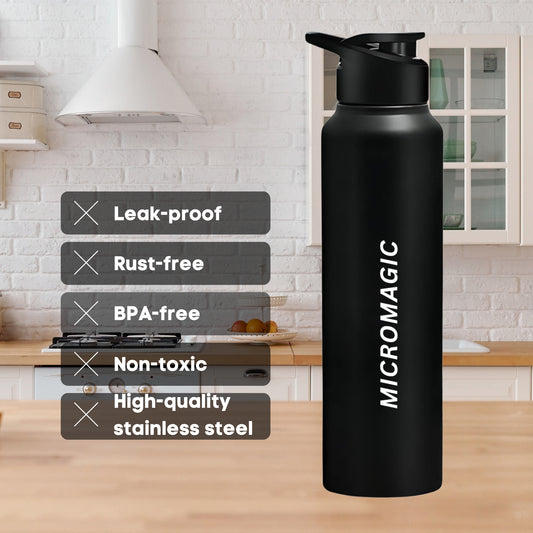 MicroMagic Stainless Steel 1 litre Water Bottle | Rust-Free, BPA-Free, Non-Toxic | Faster Cooling | Portable for Office, Gym, School & College – Black