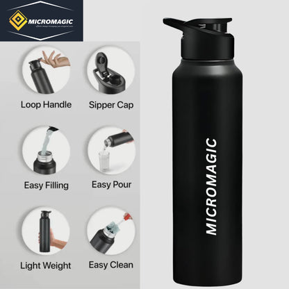 MicroMagic Stainless Steel 1 litre Water Bottle | Rust-Free, BPA-Free, Non-Toxic | Faster Cooling | Portable for Office, Gym, School & College – Black