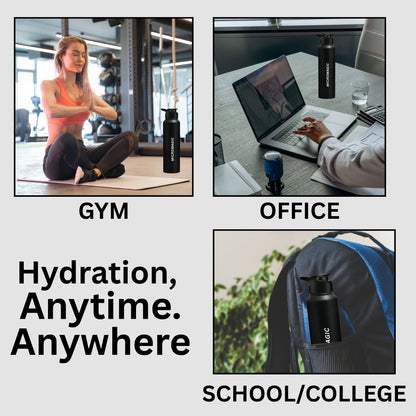MicroMagic Stainless Steel 1 litre Water Bottle | Rust-Free, BPA-Free, Non-Toxic | Faster Cooling | Portable for Office, Gym, School & College – Black